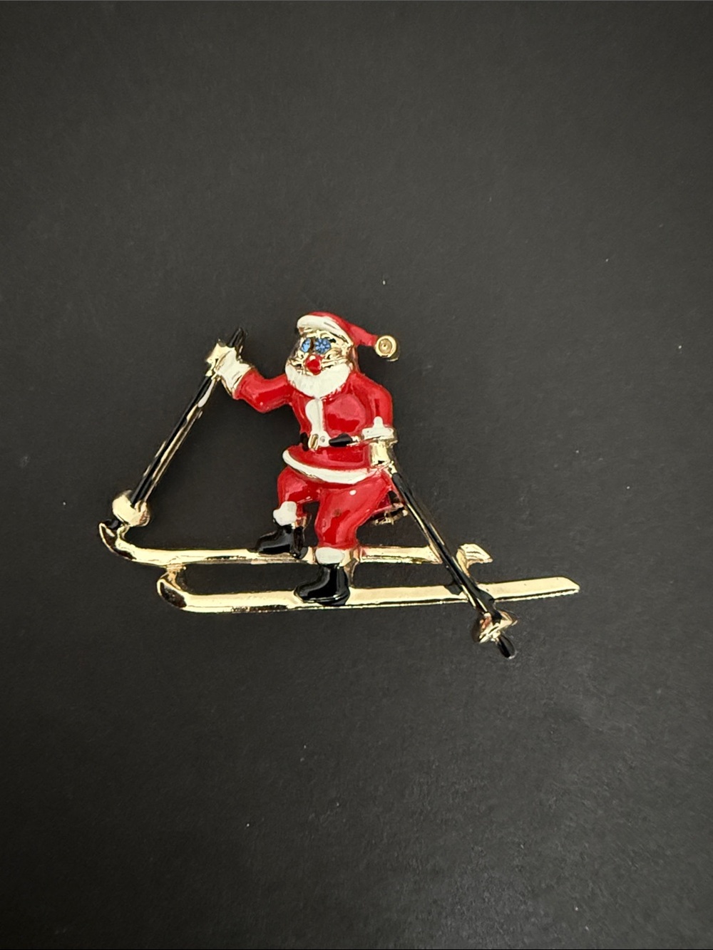 vintage skiing Santa Claus enamel brooch pin by costume jewelry brand BJ